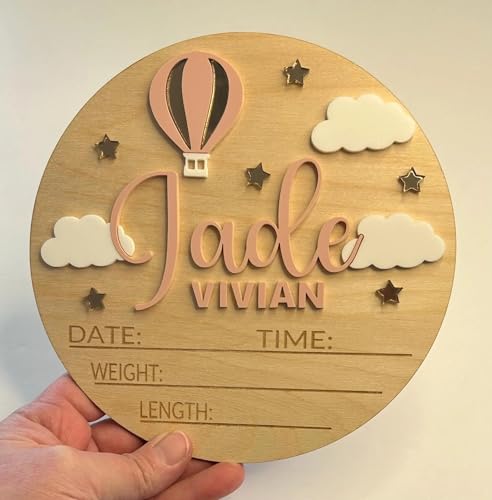 Personalized Hot Air Balloon Baby Announcement Sign – Custom Wooden Birth Details Plaque, Newborn Name Reveal Prop, Nursery Wall Decor, BabyShower Gift for Girls, Keepsake Photo Prop (BBW28)