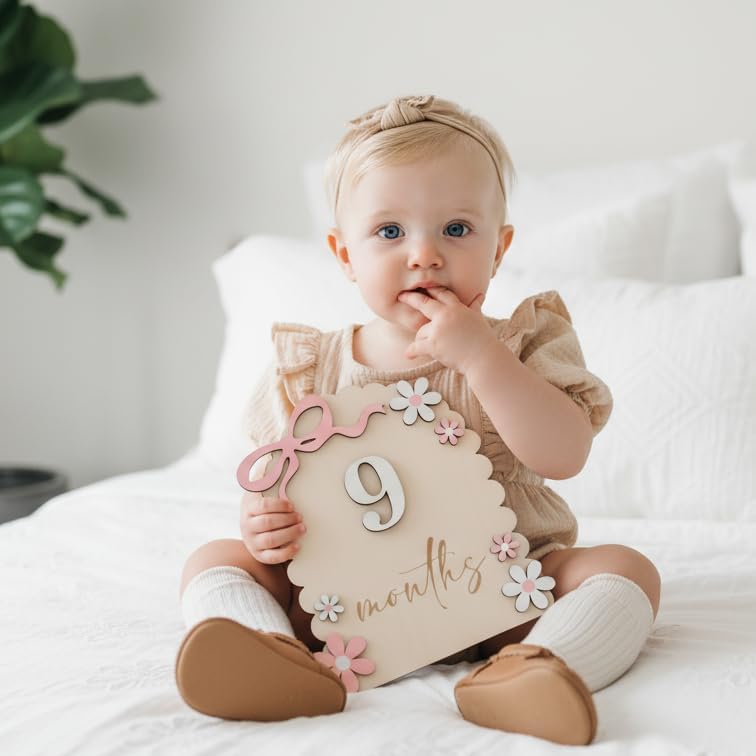 Baby Girl Monthly Milestone Signs, 1-12 Monthly Baby Milestone Girl, Newborn Photography Props Double-Sided, Nursery Decor for Girls (M02)