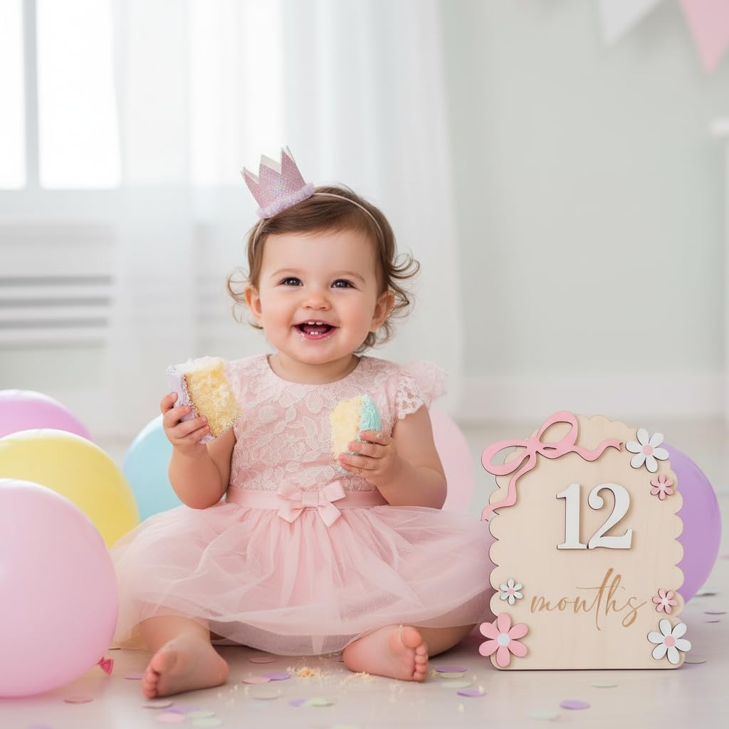 Baby Girl Monthly Milestone Signs, 1-12 Monthly Baby Milestone Girl, Newborn Photography Props Double-Sided, Nursery Decor for Girls (M02)