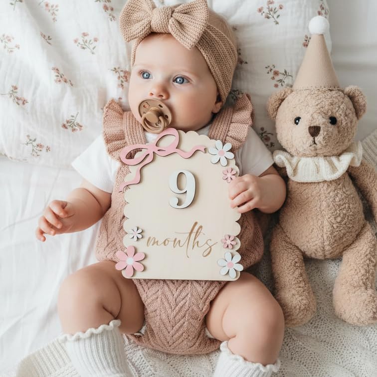 Baby Girl Monthly Milestone Signs, 1-12 Monthly Baby Milestone Girl, Newborn Photography Props Double-Sided, Nursery Decor for Girls (M02)