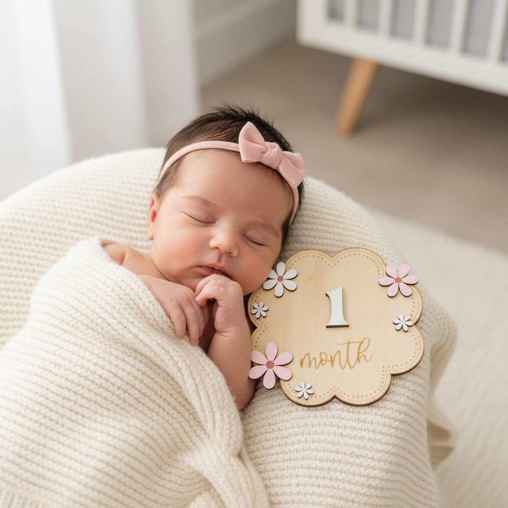 Baby Girl Monthly Milestone Signs, 1-12 Monthly Baby Milestone Girl, Newborn Photography Props Double-Sided, Nursery Decor for Girls (M07)