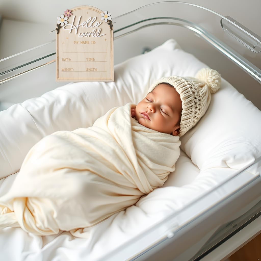Baby Announcement Sign, Hello World Newborn Sign for Hospital, She’s Here Card, Baby Announcements Ideas, Newborn Photography Props Double-Sided (HW4)