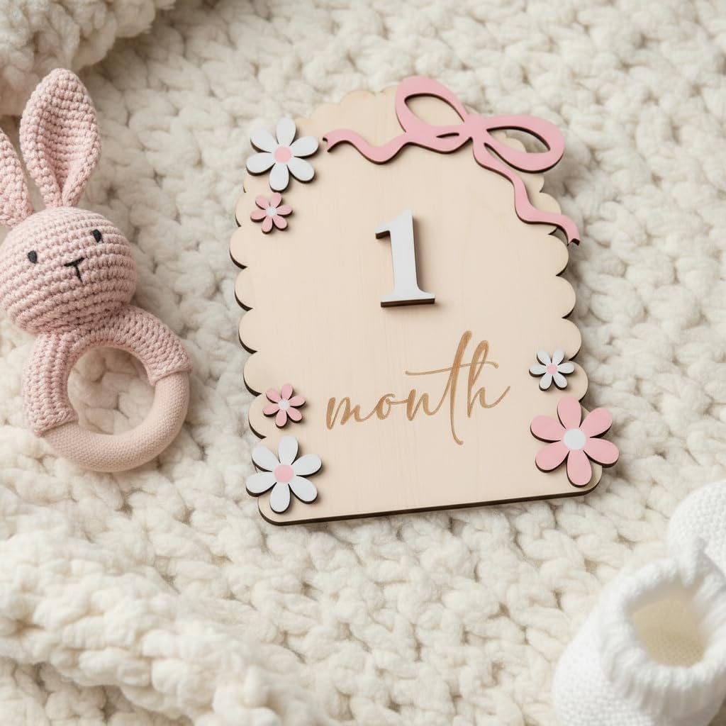 Baby Girl Monthly Milestone Signs, 1-12 Monthly Baby Milestone Girl, Newborn Photography Props Double-Sided, Nursery Decor for Girls (M02)