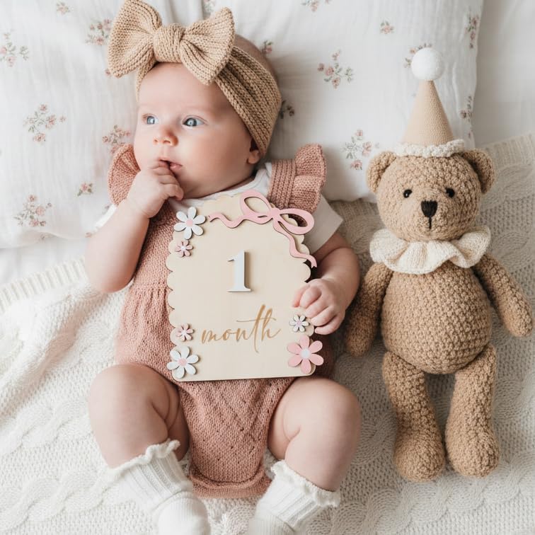 Baby Girl Monthly Milestone Signs, 1-12 Monthly Baby Milestone Girl, Newborn Photography Props Double-Sided, Nursery Decor for Girls (M02)