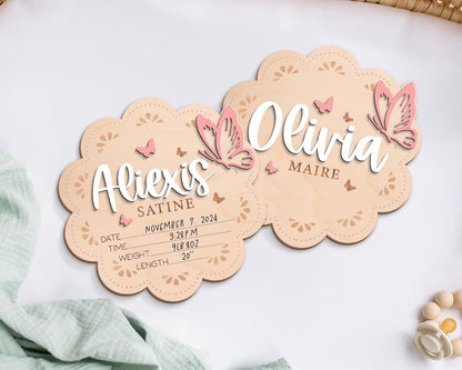 Butterfly Baby Name Sign – Personalized Wooden Birth Announcement Plaque, Custom Baby Name Reveal Sign for Hospital, BabyShower Gift, Newborn Keepsake Nursery Decor (BBW5)