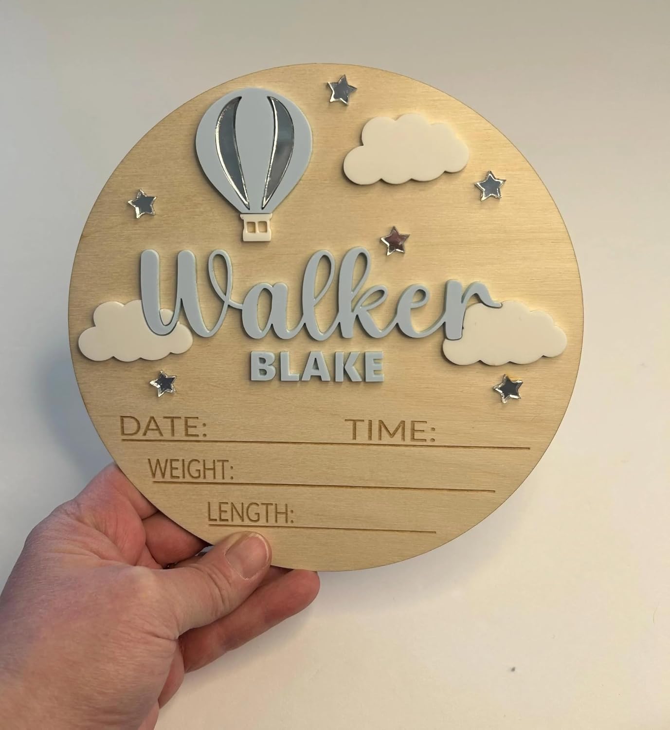 Personalized Hot Air Balloon Baby Announcement Sign – Custom Wooden Birth Details Plaque, Newborn Name Reveal Prop, Nursery Wall Decor, BabyShower Gift for Girls, Keepsake Photo Prop (BBW28)