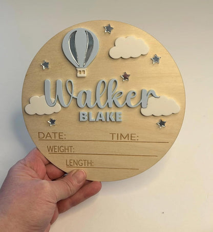 Personalized Hot Air Balloon Baby Announcement Sign – Custom Wooden Birth Details Plaque, Newborn Name Reveal Prop, Nursery Wall Decor, BabyShower Gift for Girls, Keepsake Photo Prop (BBW28)