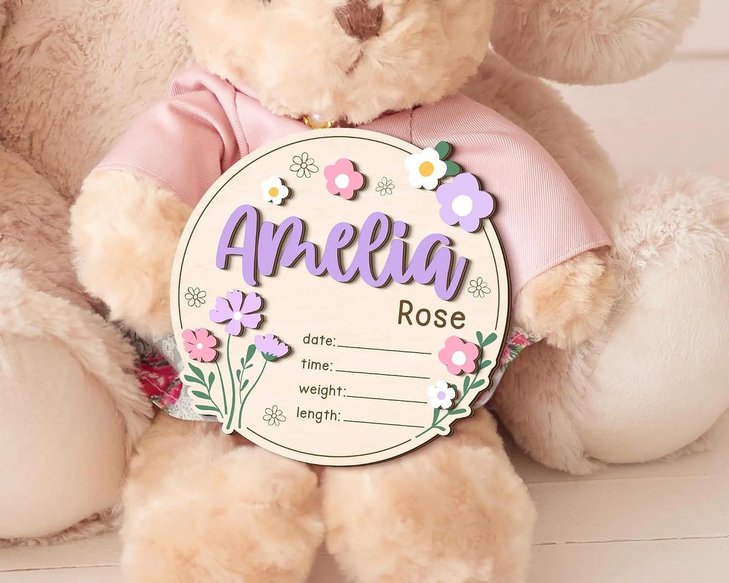 Personalized Wildflower Baby Announcement Sign – Custom Wooden Newborn Name Plaque, Floral Birth Details Board, Rustic Nursery Decor, Baby Reveal Prop, Newborn Gift for Girls & Boys (BBW9)
