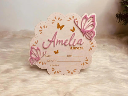 Custom Baby Arrival Butterfly Announcement Sign – Personalized Name and Birth Stats Plaque, Wooden Name Reveal Sign for Hospital, Newborn Photo Prop, Baby Keepsake Gift (BBW8)