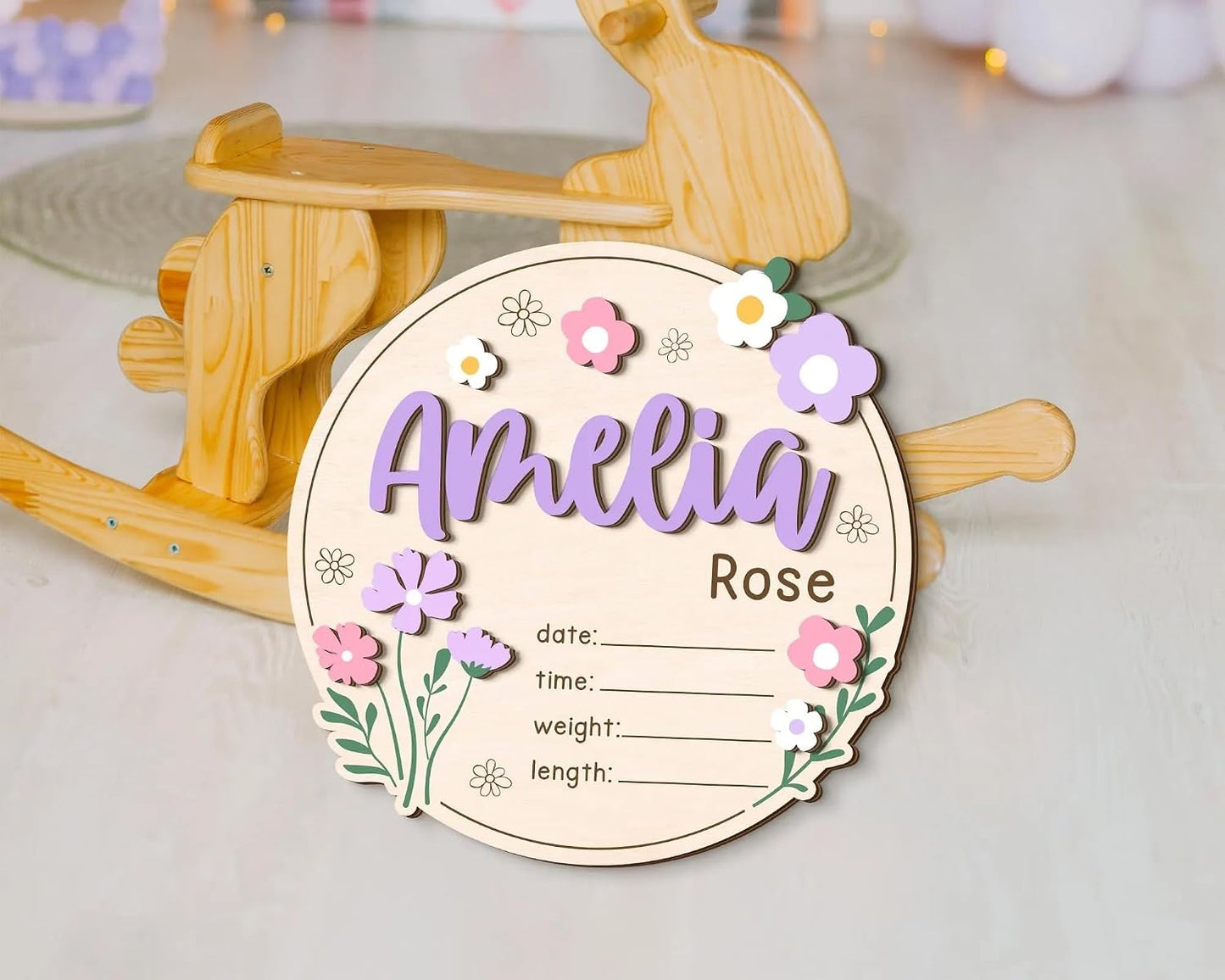 Personalized Wildflower Baby Announcement Sign – Custom Wooden Newborn Name Plaque, Floral Birth Details Board, Rustic Nursery Decor, Baby Reveal Prop, Newborn Gift for Girls & Boys (BBW9)
