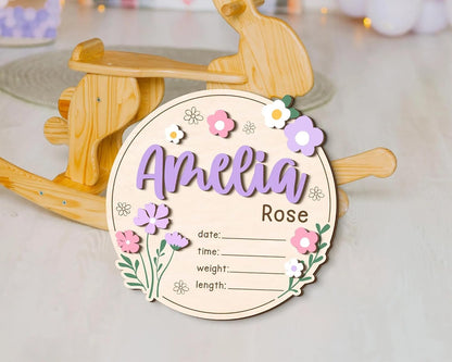 Personalized Wildflower Baby Announcement Sign – Custom Wooden Newborn Name Plaque, Floral Birth Details Board, Rustic Nursery Decor, Baby Reveal Prop, Newborn Gift for Girls & Boys (BBW9)
