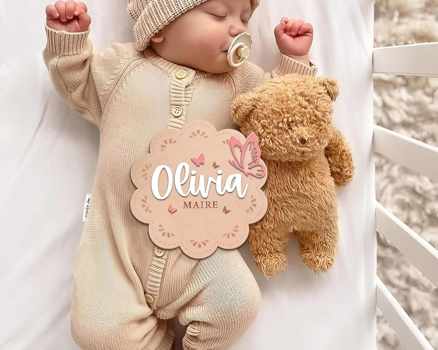 Butterfly Baby Name Sign – Personalized Wooden Birth Announcement Plaque, Custom Baby Name Reveal Sign for Hospital, BabyShower Gift, Newborn Keepsake Nursery Decor (BBW5)