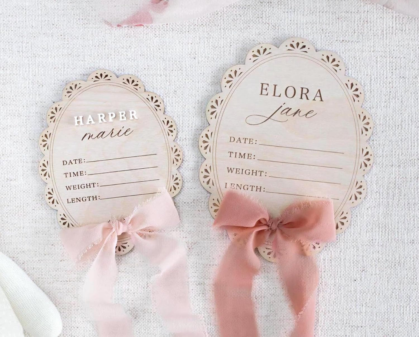 Personalized Baby Name Announcement Sign with Bow – Wooden Birth Stat Plaque for Newborn, Hospital Announcement Board with Ribbon, Baby Girl Nursery Decor, Newborn Keepsake Gift