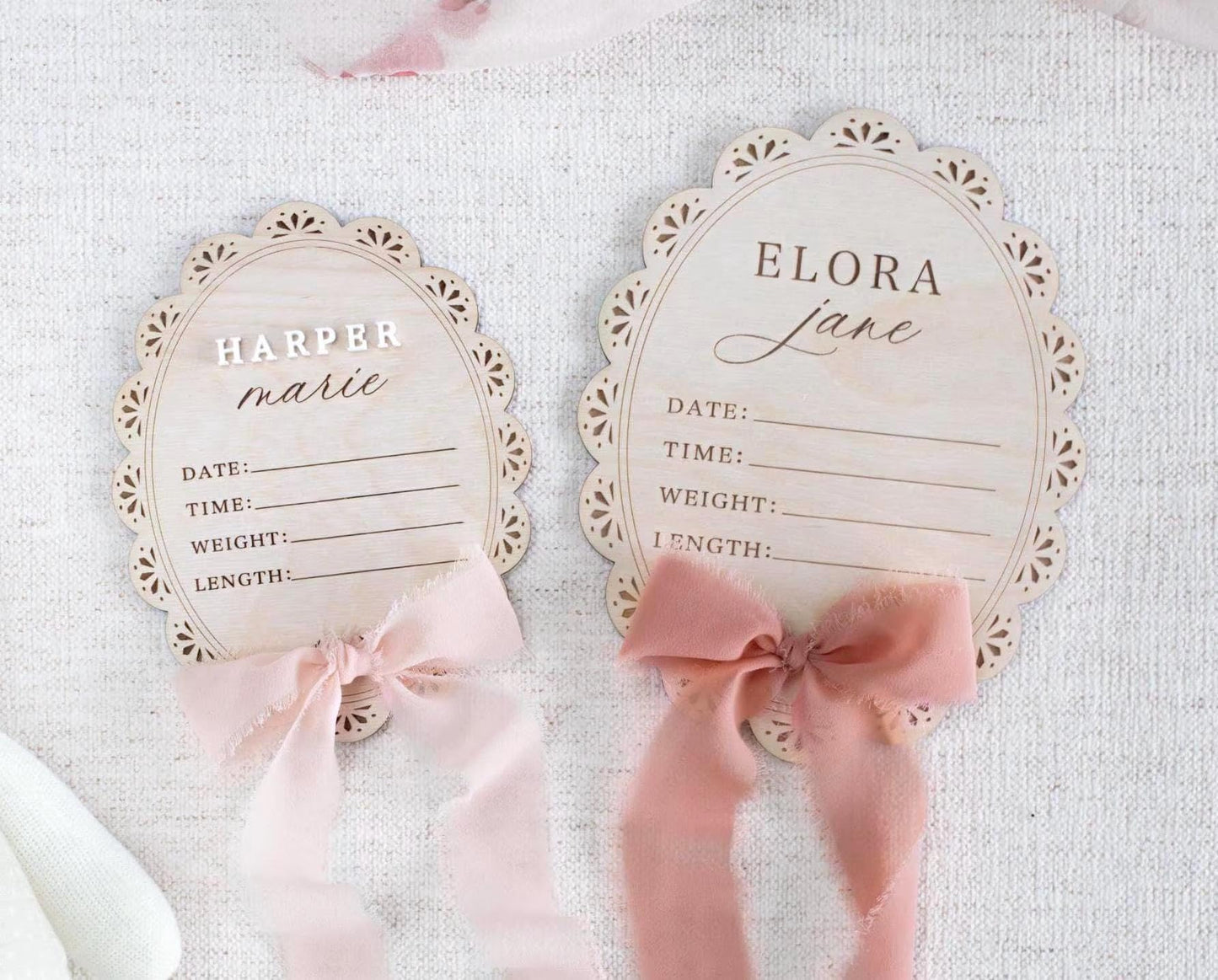 Personalized Baby Name Announcement Sign with Bow – Wooden Birth Stat Plaque for Newborn, Hospital Announcement Board with Ribbon, Baby Girl Nursery Decor, Newborn Keepsake Gift