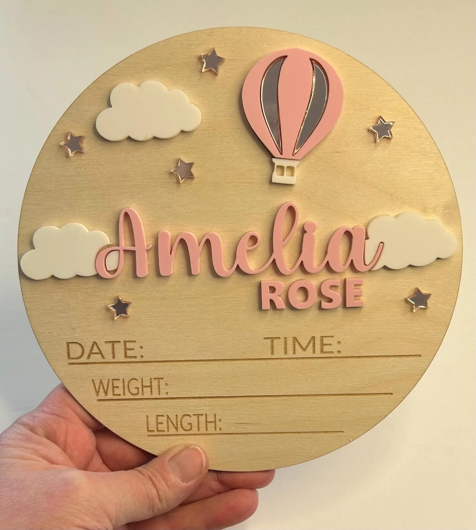 Personalized Hot Air Balloon Baby Announcement Sign – Custom Wooden Birth Details Plaque, Newborn Name Reveal Prop, Nursery Wall Decor, BabyShower Gift for Girls, Keepsake Photo Prop (BBW28)