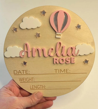 Personalized Hot Air Balloon Baby Announcement Sign – Custom Wooden Birth Details Plaque, Newborn Name Reveal Prop, Nursery Wall Decor, BabyShower Gift for Girls, Keepsake Photo Prop (BBW28)
