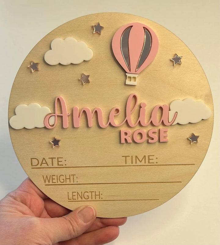 Personalized Hot Air Balloon Baby Announcement Sign – Custom Wooden Birth Details Plaque, Newborn Name Reveal Prop, Nursery Wall Decor, BabyShower Gift for Girls, Keepsake Photo Prop (BBW28)