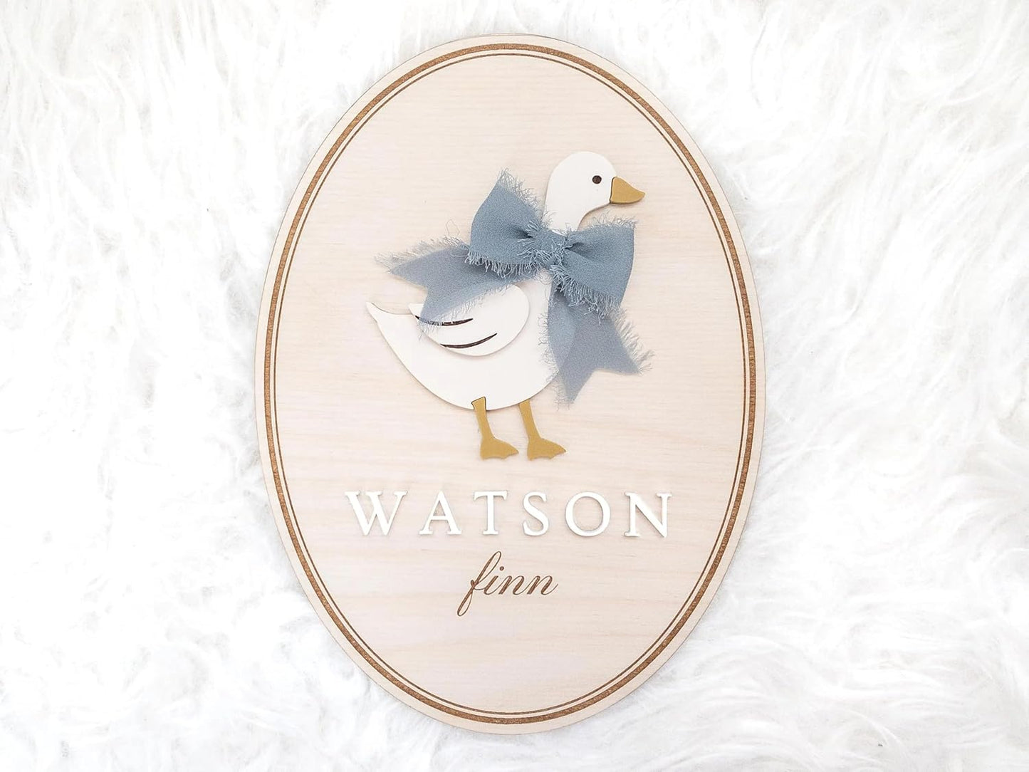 Personalized Goose Baby Name Sign – Custom Wooden Birth Announcement Plaque with Bow, Newborn Hospital Name Reveal Prop, Rustic Baby Nursery Decor, Handmade Gift for New Parents (BBW4)