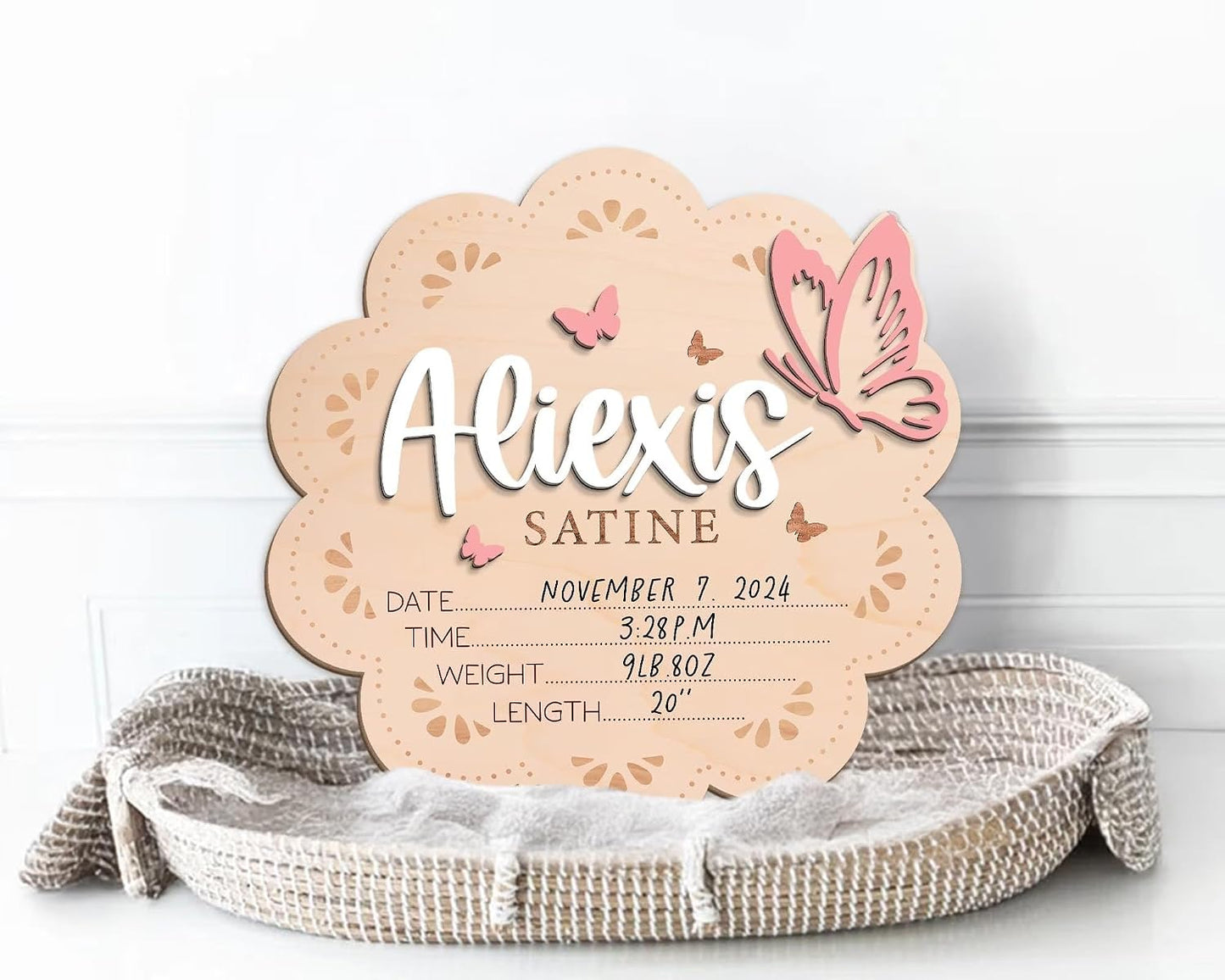 Butterfly Baby Name Sign – Personalized Wooden Birth Announcement Plaque, Custom Baby Name Reveal Sign for Hospital, BabyShower Gift, Newborn Keepsake Nursery Decor (BBW5)