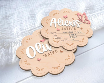 Butterfly Baby Name Sign – Personalized Wooden Birth Announcement Plaque, Custom Baby Name Reveal Sign for Hospital, BabyShower Gift, Newborn Keepsake Nursery Decor (BBW5)