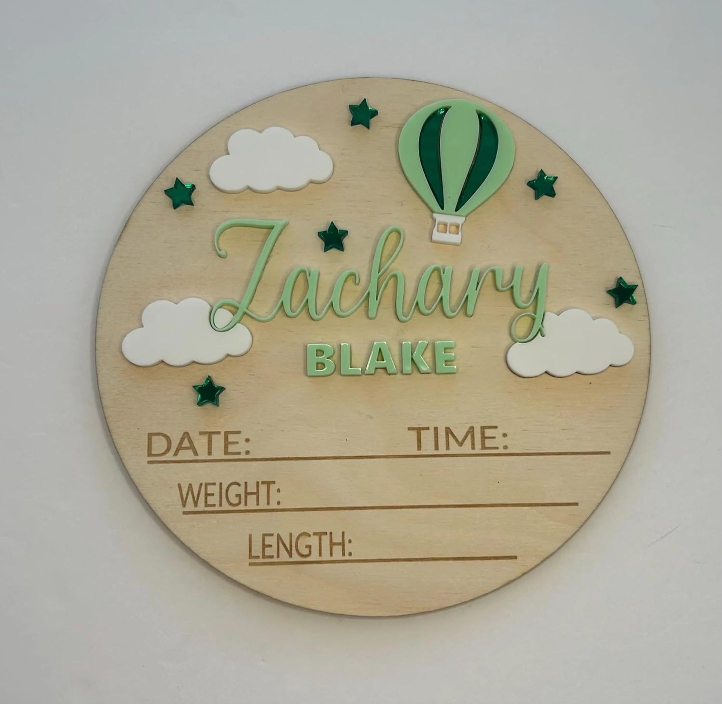 Personalized Hot Air Balloon Baby Announcement Sign – Custom Wooden Birth Details Plaque, Newborn Name Reveal Prop, Nursery Wall Decor, BabyShower Gift for Girls, Keepsake Photo Prop (BBW28)