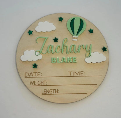 Personalized Hot Air Balloon Baby Announcement Sign – Custom Wooden Birth Details Plaque, Newborn Name Reveal Prop, Nursery Wall Decor, BabyShower Gift for Girls, Keepsake Photo Prop (BBW28)