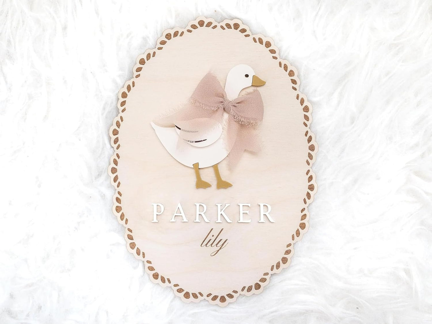 Personalized Goose Baby Name Sign – Custom Wooden Birth Announcement Plaque with Bow, Newborn Hospital Name Reveal Prop, Rustic Baby Nursery Decor, Handmade Gift for New Parents (BBW4)
