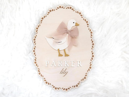 Personalized Goose Baby Name Sign – Custom Wooden Birth Announcement Plaque with Bow, Newborn Hospital Name Reveal Prop, Rustic Baby Nursery Decor, Handmade Gift for New Parents (BBW4)