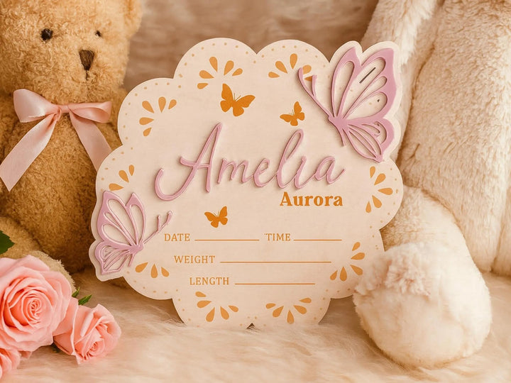 Custom Baby Arrival Butterfly Announcement Sign – Personalized Name and Birth Stats Plaque, Wooden Name Reveal Sign for Hospital, Newborn Photo Prop, Baby Keepsake Gift (BBW8)