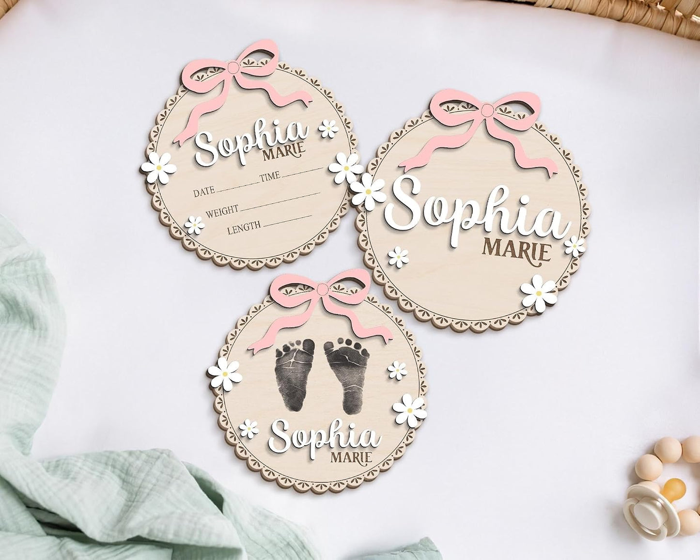 Personalized Wooden Baby Announcement Sign – Custom Birth Details Plaque, Floral Newborn Name Sign, Engraved Baby Reveal Prop, Nursery Wall Decor, BabyShower Gift for Girls (BBW7)
