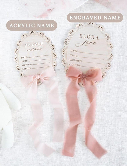 Personalized Baby Name Announcement Sign with Bow – Wooden Birth Stat Plaque for Newborn, Hospital Announcement Board with Ribbon, Baby Girl Nursery Decor, Newborn Keepsake Gift