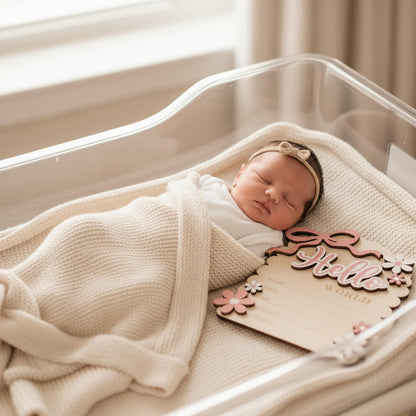 Baby Announcement Sign, Hello World Newborn Sign for Hospital, She’s Here Card, Baby Announcements Ideas, Newborn Photography Props Double-Sided (HW3)