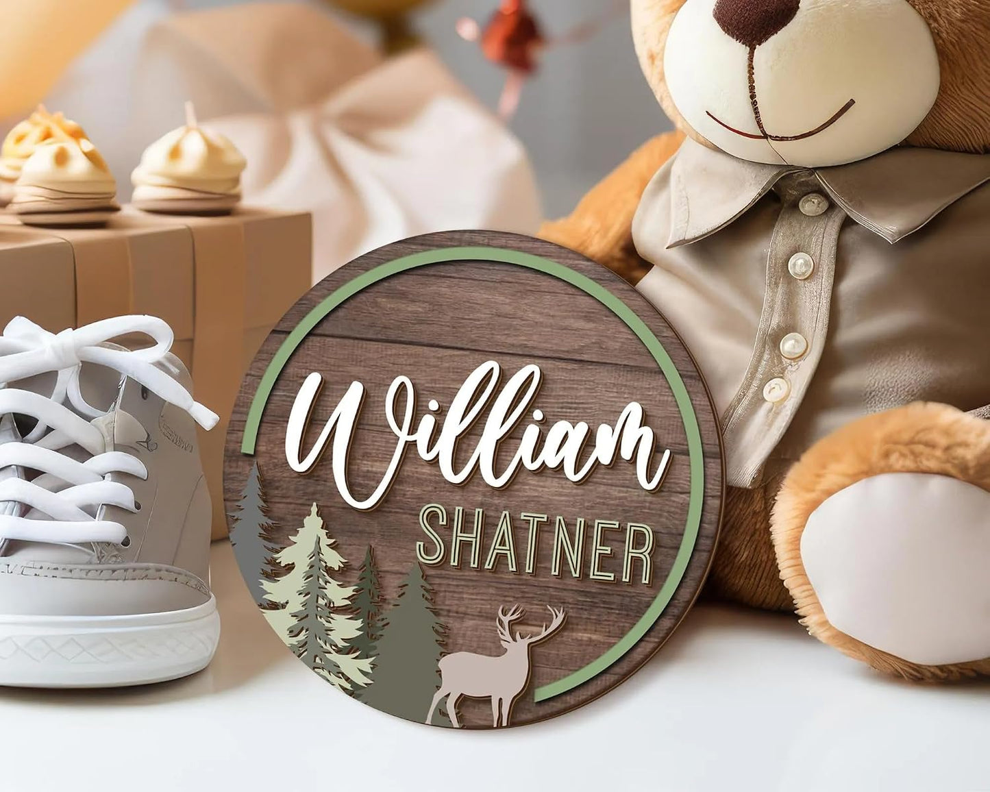 Personalized Forest Wood Baby Name Sign – Custom Wooden Birth Announcement Plaque with Baby Stats, Woodland Nursery Decor, Rustic Name Reveal Prop, BabyShower Gift for Boys & Girls (BBW10)