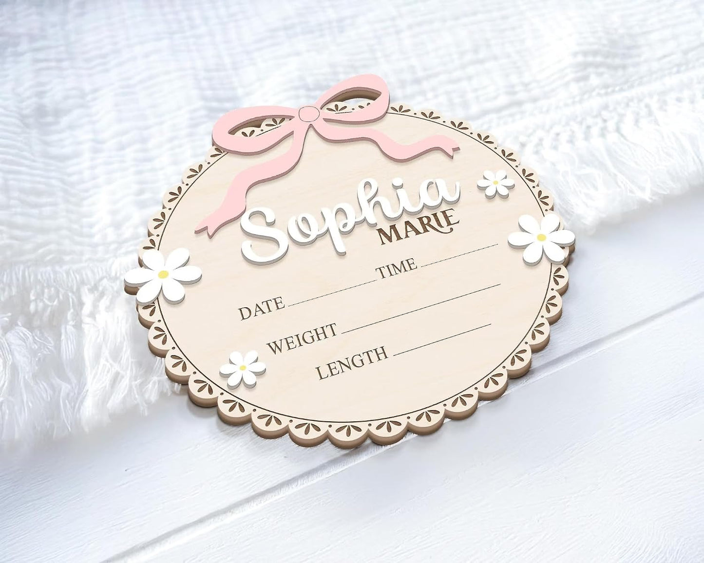 Personalized Wooden Baby Announcement Sign – Custom Birth Details Plaque, Floral Newborn Name Sign, Engraved Baby Reveal Prop, Nursery Wall Decor, BabyShower Gift for Girls (BBW7)