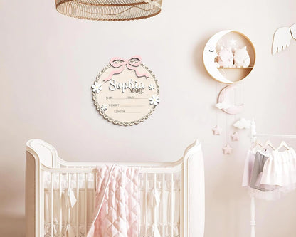 Personalized Wooden Baby Announcement Sign – Custom Birth Details Plaque, Floral Newborn Name Sign, Engraved Baby Reveal Prop, Nursery Wall Decor, BabyShower Gift for Girls (BBW7)