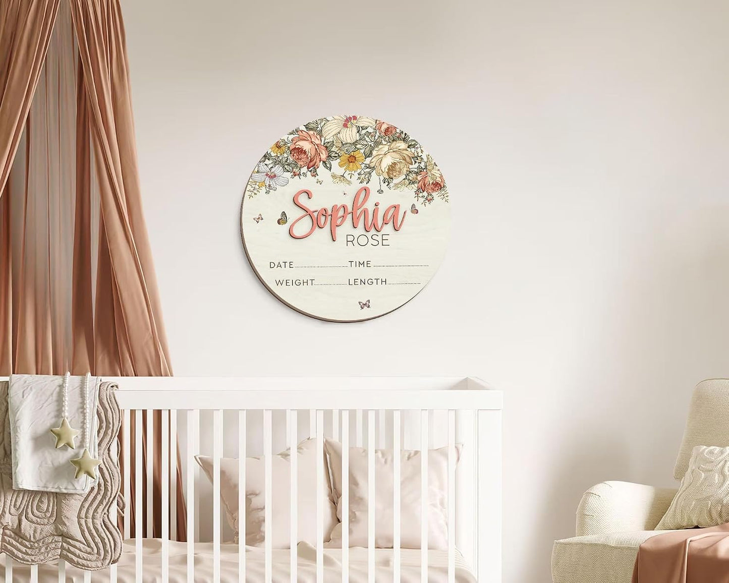 Floral Baby Name Sign – Personalized Wooden Birth Announcement Plaque, Newborn Photo Prop, Baby Name Reveal Sign, Boho Nursery Decor, BabyShower Gift (BBW6)