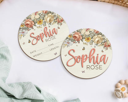 Floral Baby Name Sign – Personalized Wooden Birth Announcement Plaque, Newborn Photo Prop, Baby Name Reveal Sign, Boho Nursery Decor, BabyShower Gift (BBW6)