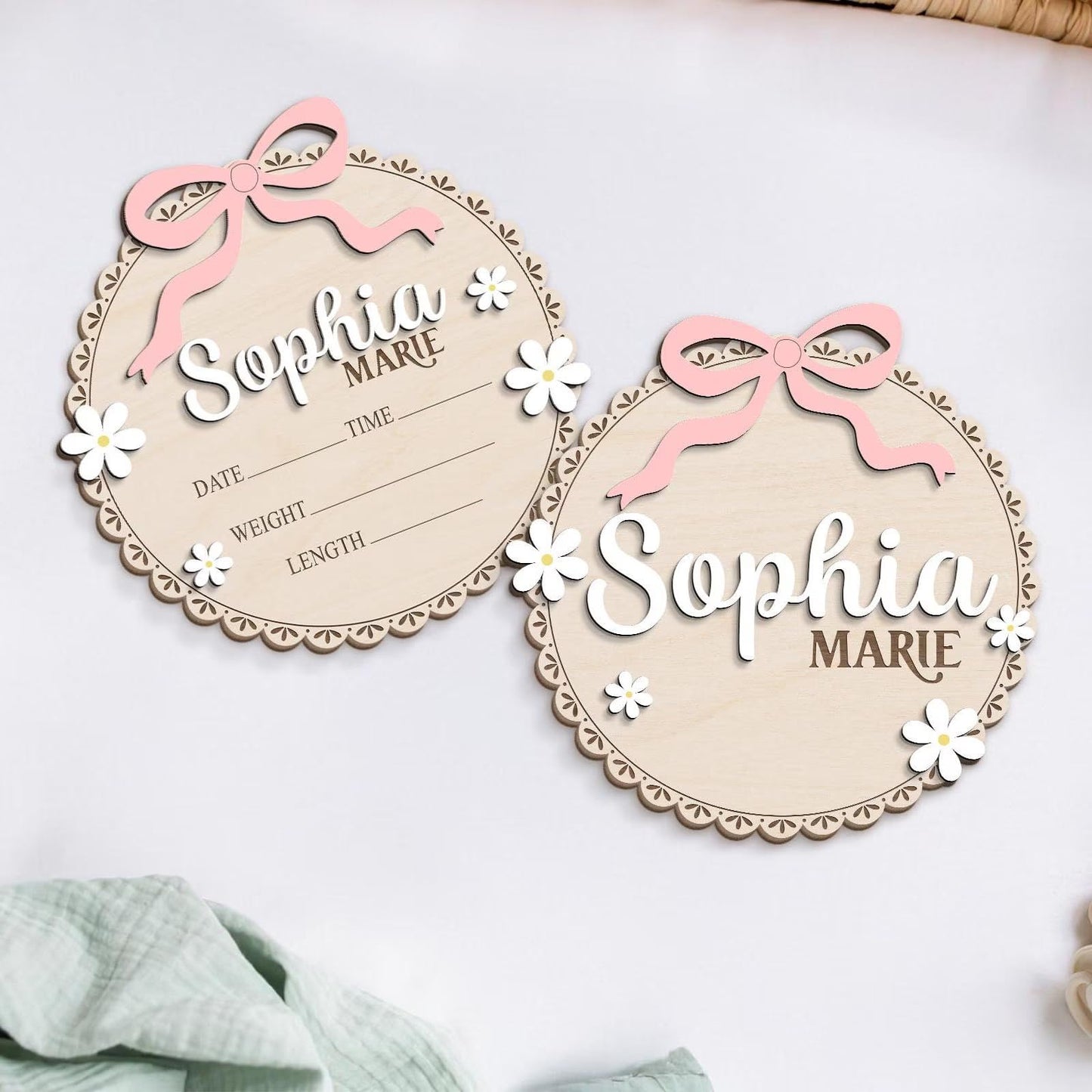 Personalized Wooden Baby Announcement Sign – Custom Birth Details Plaque, Floral Newborn Name Sign, Engraved Baby Reveal Prop, Nursery Wall Decor, BabyShower Gift for Girls (BBW7)