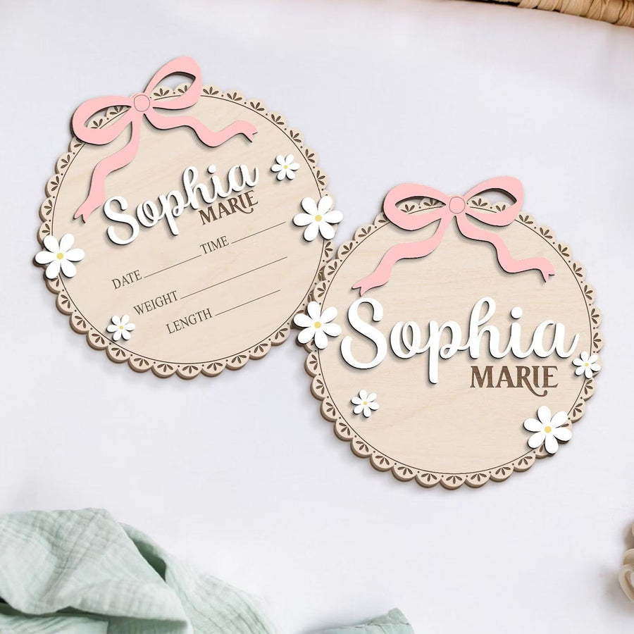 Personalized Wooden Baby Announcement Sign – Custom Birth Details Plaque, Floral Newborn Name Sign, Engraved Baby Reveal Prop, Nursery Wall Decor, BabyShower Gift for Girls (BBW7)