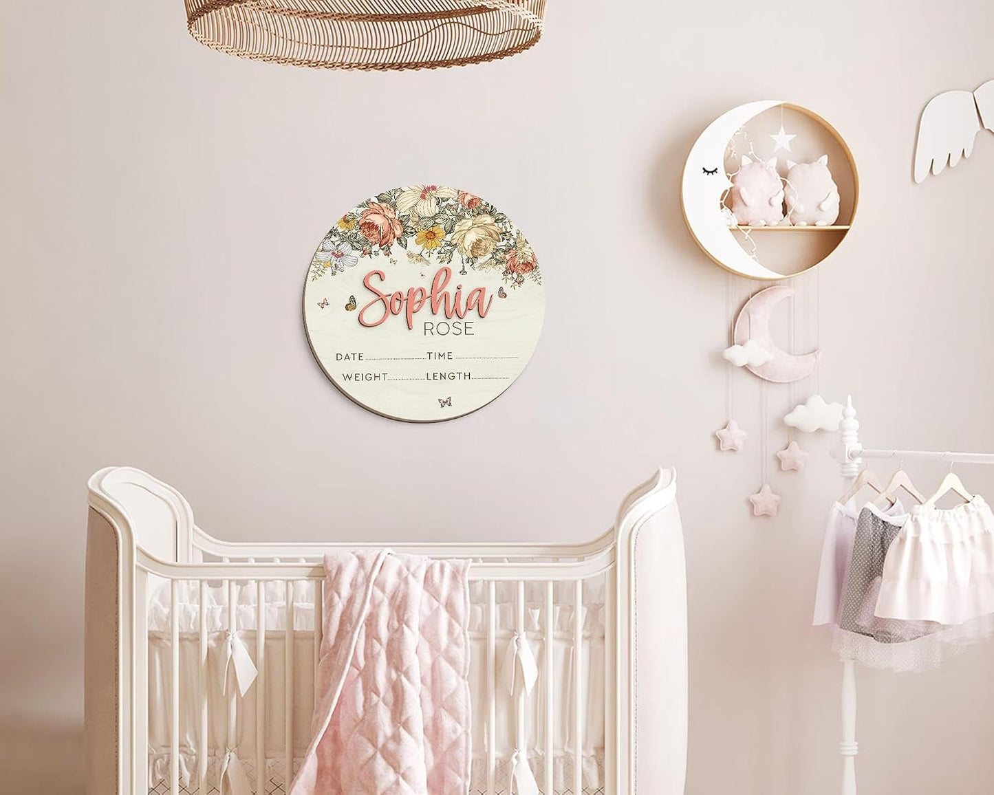 Floral Baby Name Sign – Personalized Wooden Birth Announcement Plaque, Newborn Photo Prop, Baby Name Reveal Sign, Boho Nursery Decor, BabyShower Gift (BBW6)