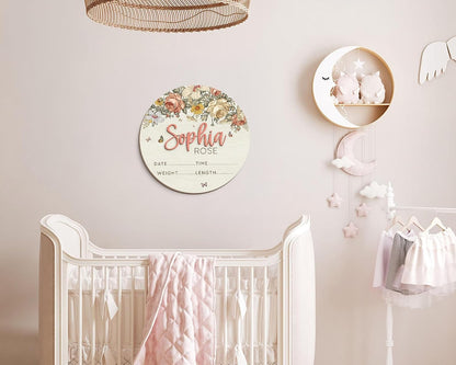 Floral Baby Name Sign – Personalized Wooden Birth Announcement Plaque, Newborn Photo Prop, Baby Name Reveal Sign, Boho Nursery Decor, BabyShower Gift (BBW6)