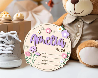 Personalized Wildflower Baby Announcement Sign – Custom Wooden Newborn Name Plaque, Floral Birth Details Board, Rustic Nursery Decor, Baby Reveal Prop, Newborn Gift for Girls & Boys (BBW9)