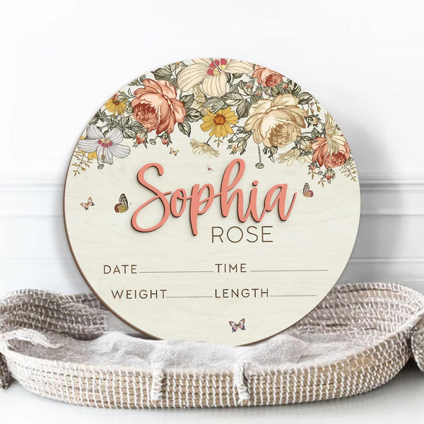 Floral Baby Name Sign – Personalized Wooden Birth Announcement Plaque, Newborn Photo Prop, Baby Name Reveal Sign, Boho Nursery Decor, BabyShower Gift (BBW6)