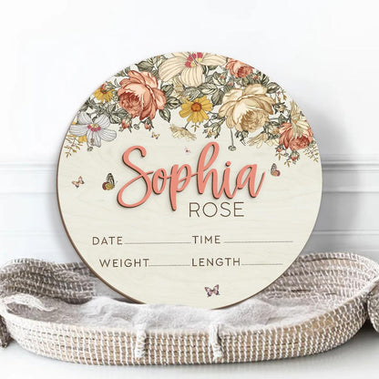 Floral Baby Name Sign – Personalized Wooden Birth Announcement Plaque, Newborn Photo Prop, Baby Name Reveal Sign, Boho Nursery Decor, BabyShower Gift (BBW6)