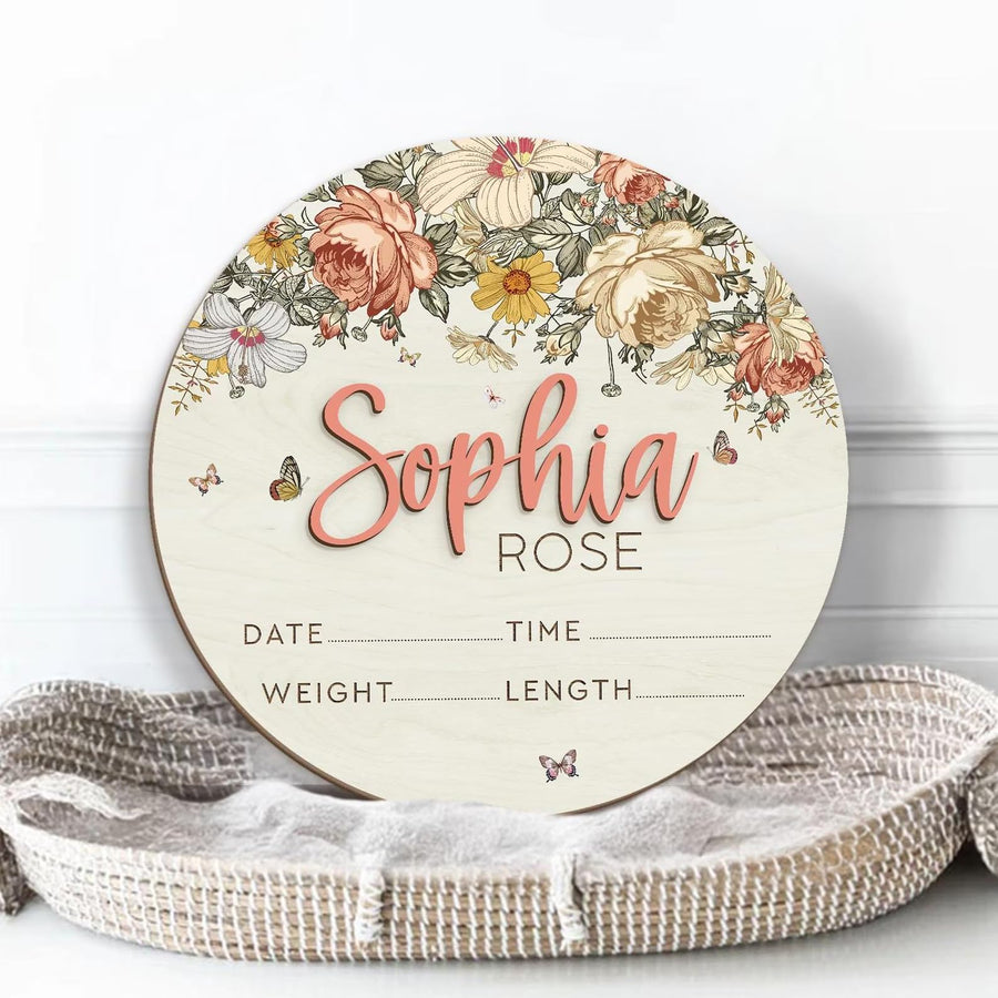 Floral Baby Name Sign – Personalized Wooden Birth Announcement Plaque, Newborn Photo Prop, Baby Name Reveal Sign, Boho Nursery Decor, BabyShower Gift (BBW6)