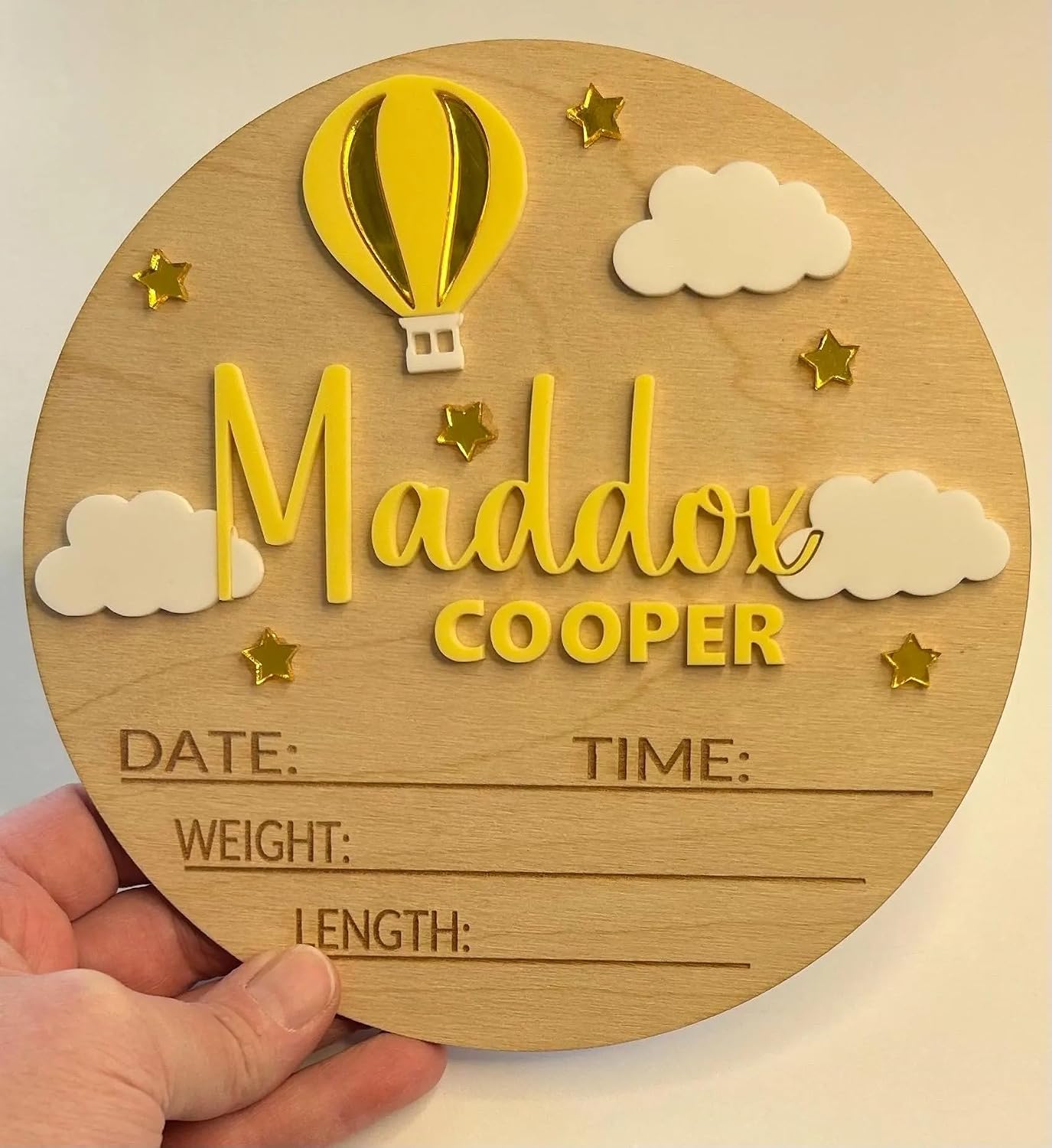 Personalized Hot Air Balloon Baby Announcement Sign – Custom Wooden Birth Details Plaque, Newborn Name Reveal Prop, Nursery Wall Decor, BabyShower Gift for Girls, Keepsake Photo Prop (BBW28)