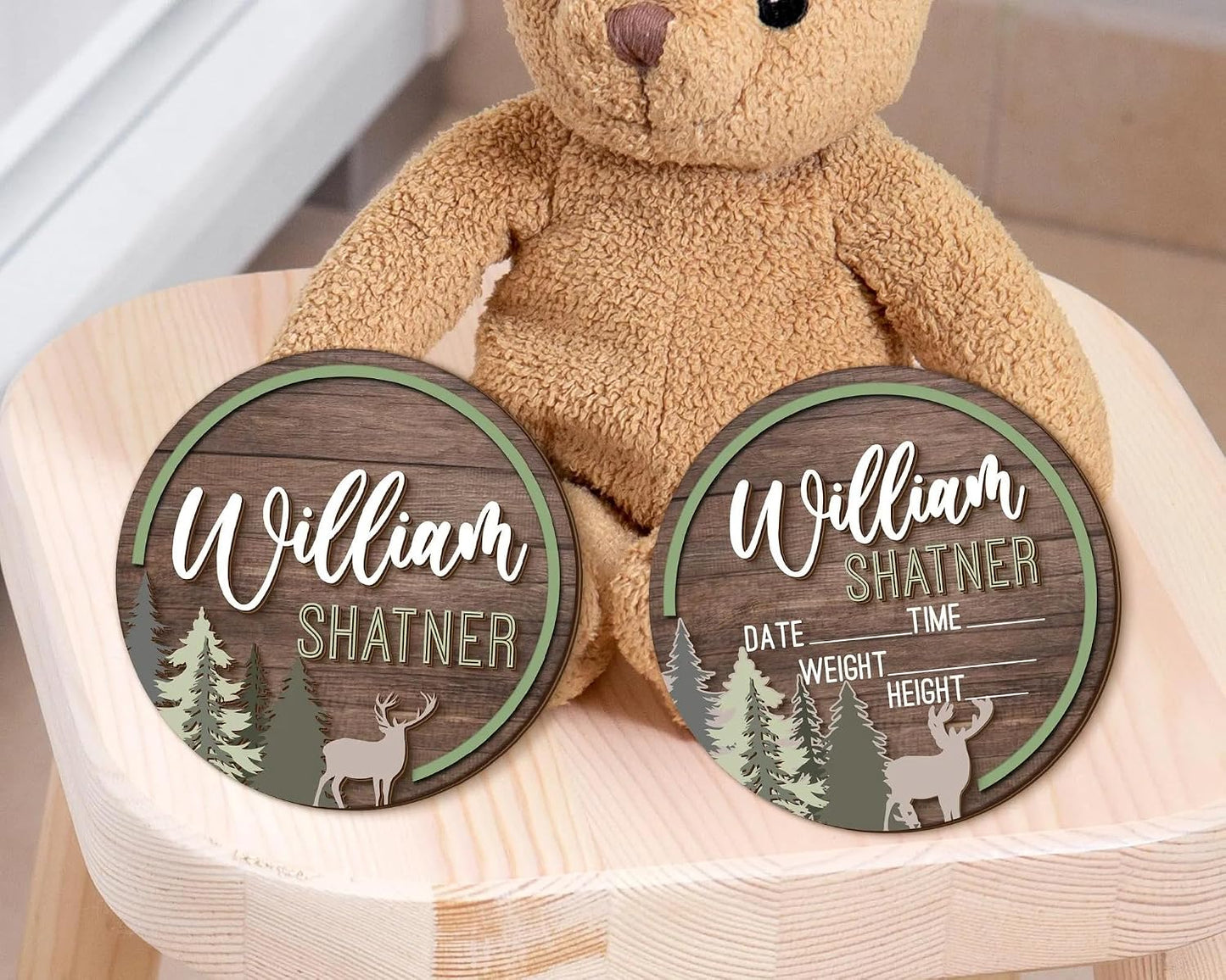 Personalized Forest Wood Baby Name Sign – Custom Wooden Birth Announcement Plaque with Baby Stats, Woodland Nursery Decor, Rustic Name Reveal Prop, BabyShower Gift for Boys & Girls (BBW10)