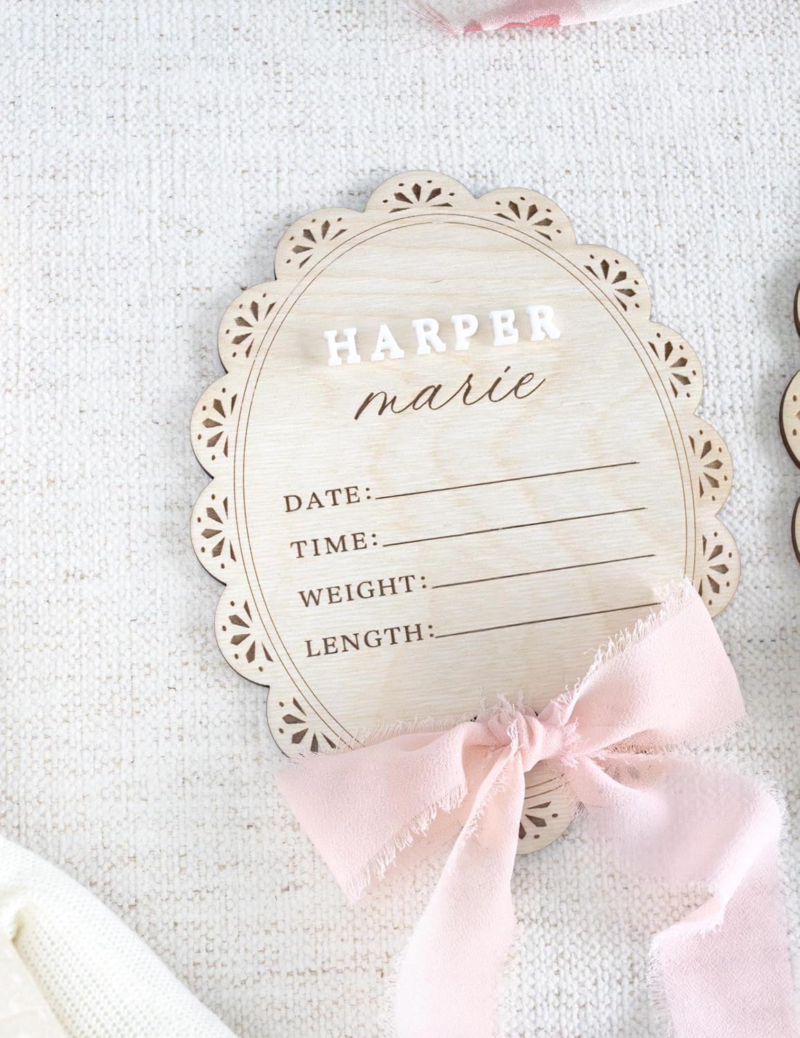 Personalized Baby Name Announcement Sign with Bow – Wooden Birth Stat Plaque for Newborn, Hospital Announcement Board with Ribbon, Baby Girl Nursery Decor, Newborn Keepsake Gift