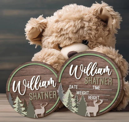Personalized Forest Wood Baby Name Sign – Custom Wooden Birth Announcement Plaque with Baby Stats, Woodland Nursery Decor, Rustic Name Reveal Prop, BabyShower Gift for Boys & Girls (BBW10)