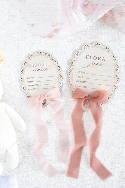 Personalized Baby Name Announcement Sign with Bow – Wooden Birth Stat Plaque for Newborn, Hospital Announcement Board with Ribbon, Baby Girl Nursery Decor, Newborn Keepsake Gift